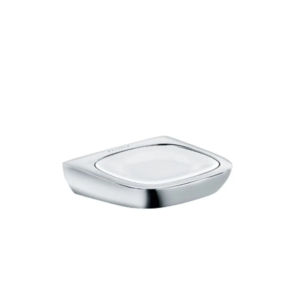 Seifenschale aus Porzellan in glänzender Chrom-Optik, gestaltet von Kludi, mit einem abgerundeten design und einer flachen Fläche zur Ablage von Seife.